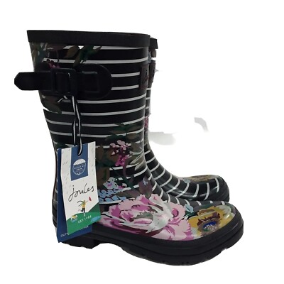 Joules Women's Molly Welly Mid Rain Boot Size US 10M Navy Floral Stripe