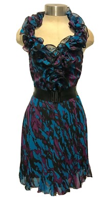Bebe 100% Silk Halter Dress Size XS Ruffles Belted | eBay