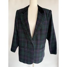 Vtg Sag Harbor Tartan Plaid Blazer Women's 16W Velvet Collar Tweed Wool Blend
