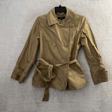 Talbots Womans Jacket Top Brown Petites 8 Solid Long Sleeve Buttons Tie Belt