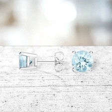 3mm Aquamarine Round Basket Set Stud Earrings in Solid Sterling Silver