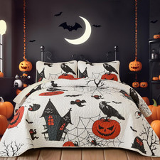 Queen Halloween Quilt Set, Black Ghost Pumpkin Bedspread
