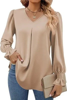 Camisa de gasa de color liso para mujer, jersey con cuello en V y manga larga ac