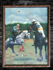 HUGE VINTAGE ORIGINAL OIL PAINTING HORSE PONY POLO PONIES ANTIQUE FRAME ART