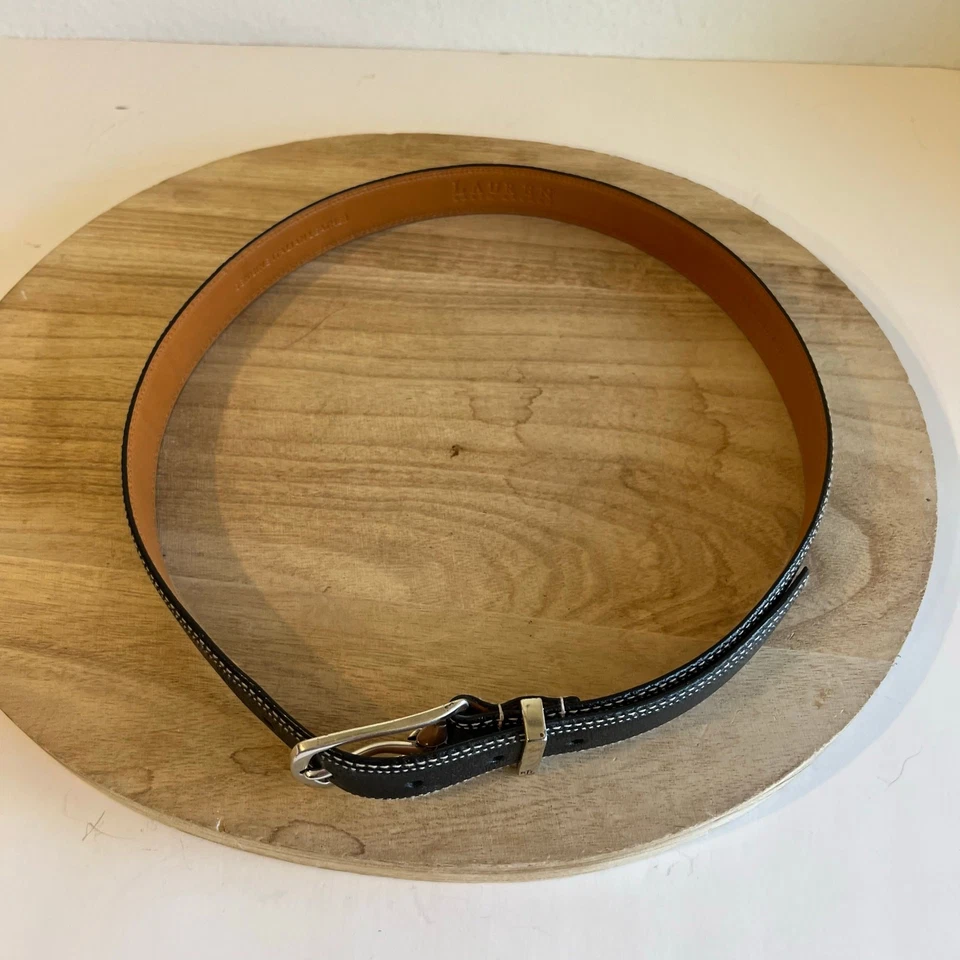 Cinturón Ralph Lauren Negro Cuero Genuino Italiano Puntada Blanca Plateado Talla Mediana Foto 4 de 4