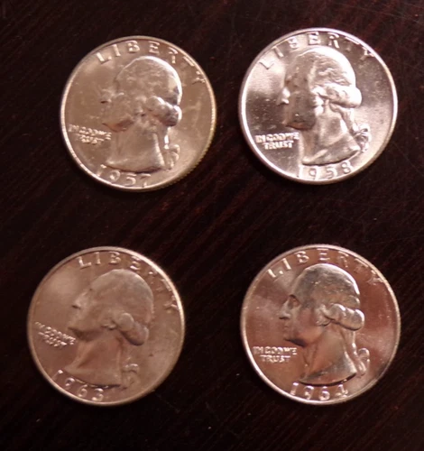 Washington Quarters Lot Of 4 UNC-Dates 1957-D, 1958-P,1963-D &1964-P, Silver 90%