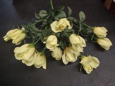 1970s Vintage Lemon Yellow Silk Rosebud Bush 16" w 14 Roses, Wired Rose Stems