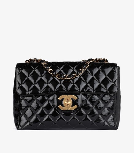 Chanel Black Quilted Patent Leather Vintage Jumbo XL Classic Single Flap Bag