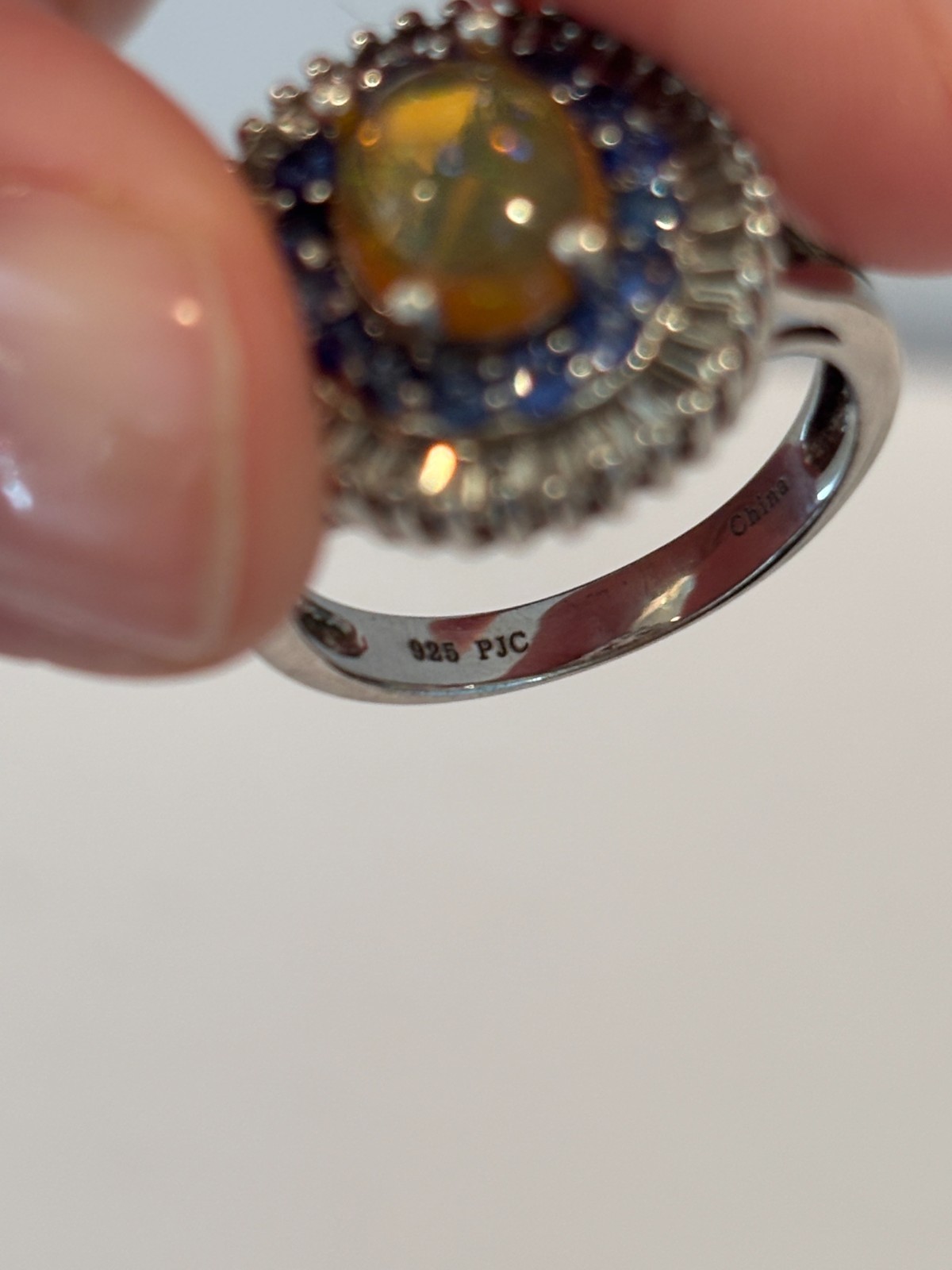 QVC Paul Deasy Ethiopian Opal (6x9) Blue and White Sapphire Halo Ring-925-size 7