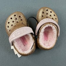 Crocs Classic Lined Clog Kids 4 Gold Glitter Pink Faux Fur Fuzzy Slip On Shoes
