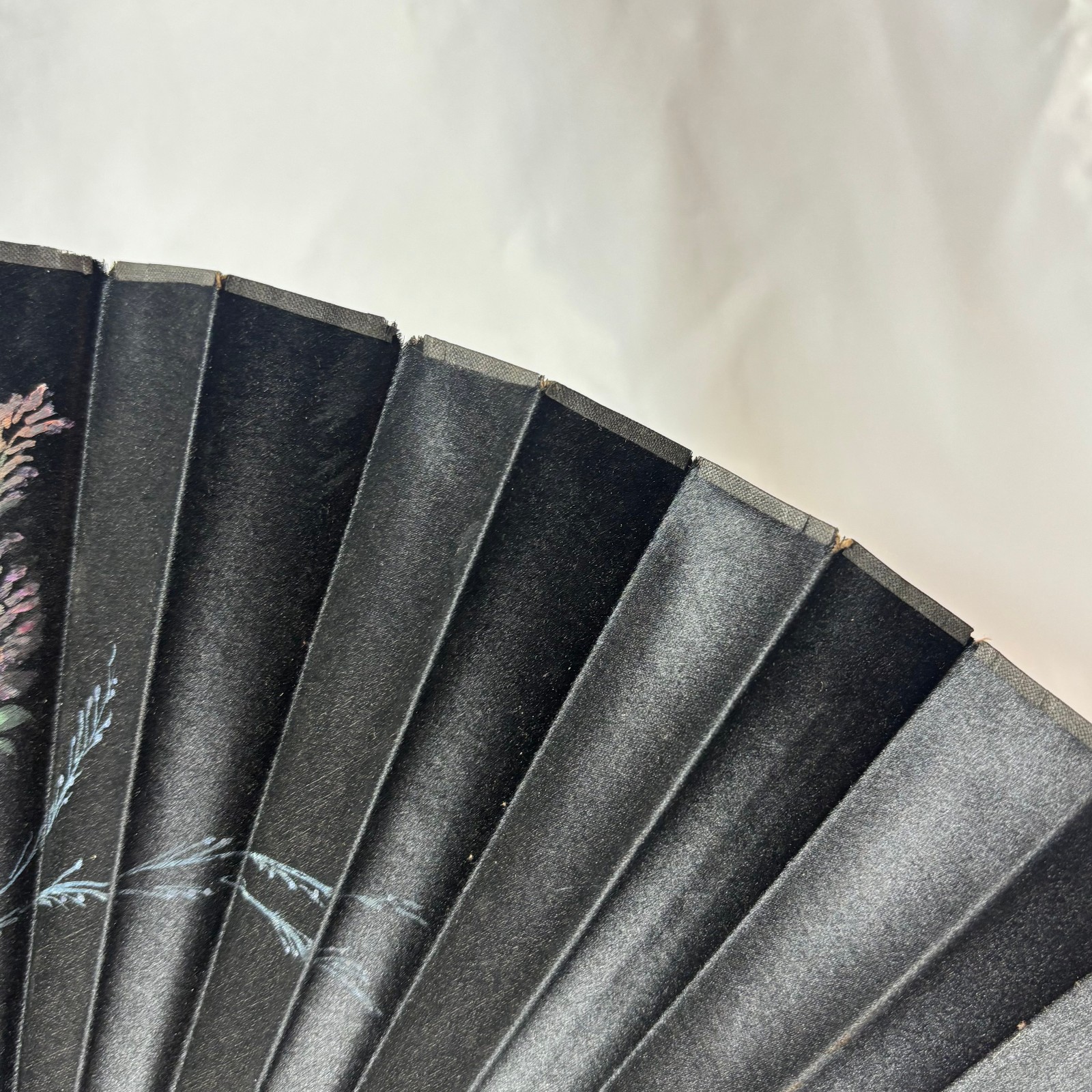 Victorian Mourning Fan Folding Black Satin Painted Flowers & Foliage Black Wood