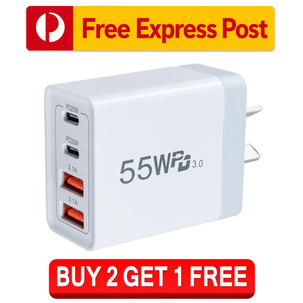 55W 4 Port Wall Charger USB-C PD USB A C Charging Brick Block Adapter Plug