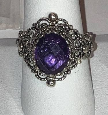 Ornate Sterling 925 Amethyst Faceted Stone Filigree DGS Turkey Sz 9 Ring 7.2 Gms