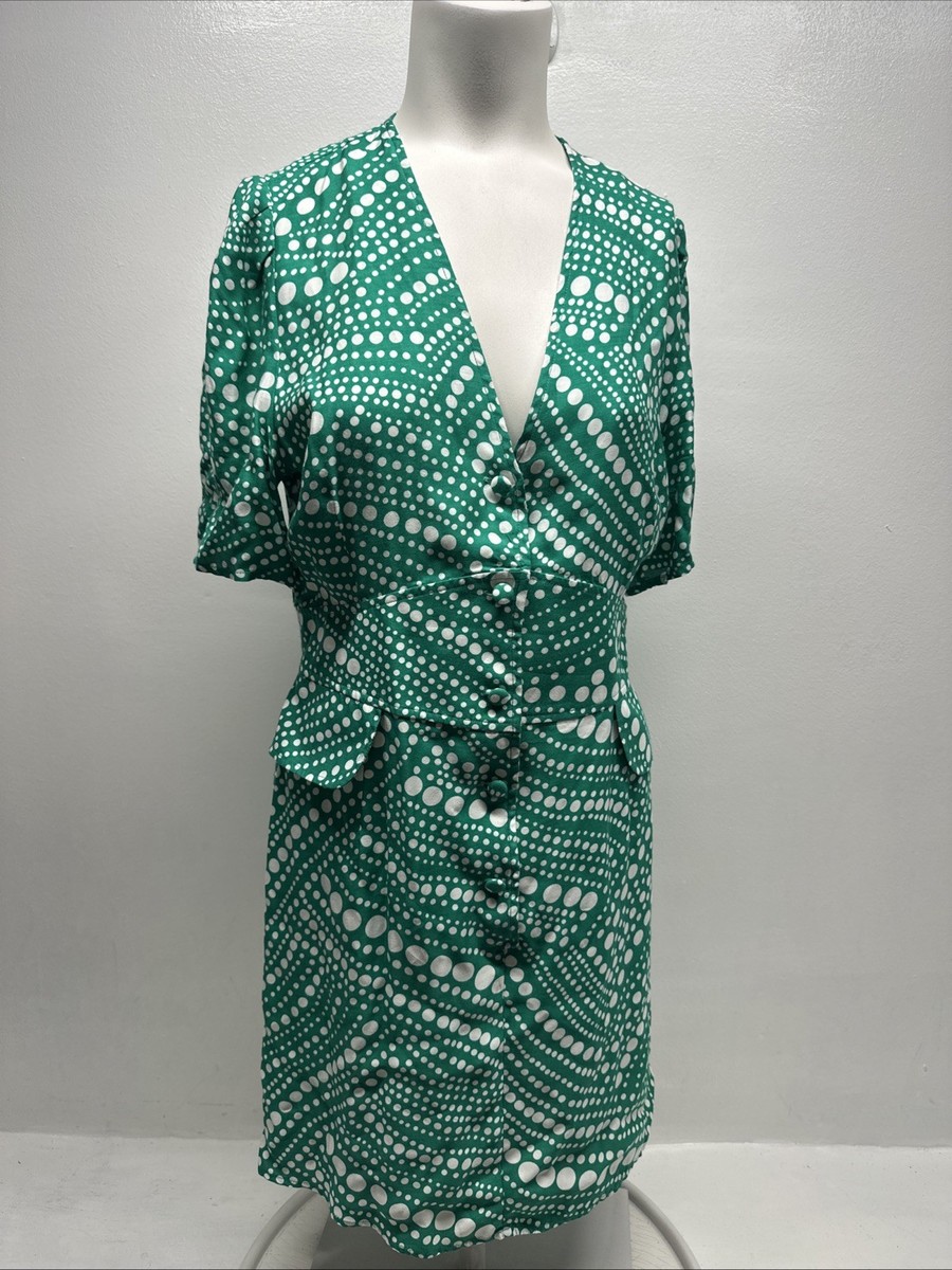 Rixo London Laura Mini Dress Short Sleeve 70's Polka Dot White Green Size  Medium | eBay