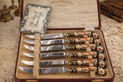 Vintage 6pc set of Royal Crown Derby Fruit Knives Traditional Imari Pattern