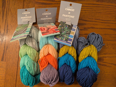 3+ Caron x Pantone Yarn Discontinued- Peacock Blue, Green Meadow, Blushing Coral