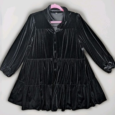 Black Velvet Y2K Babydoll Dress Tiered Ruffle Tunic Womens L Whimsigoth Witchy 