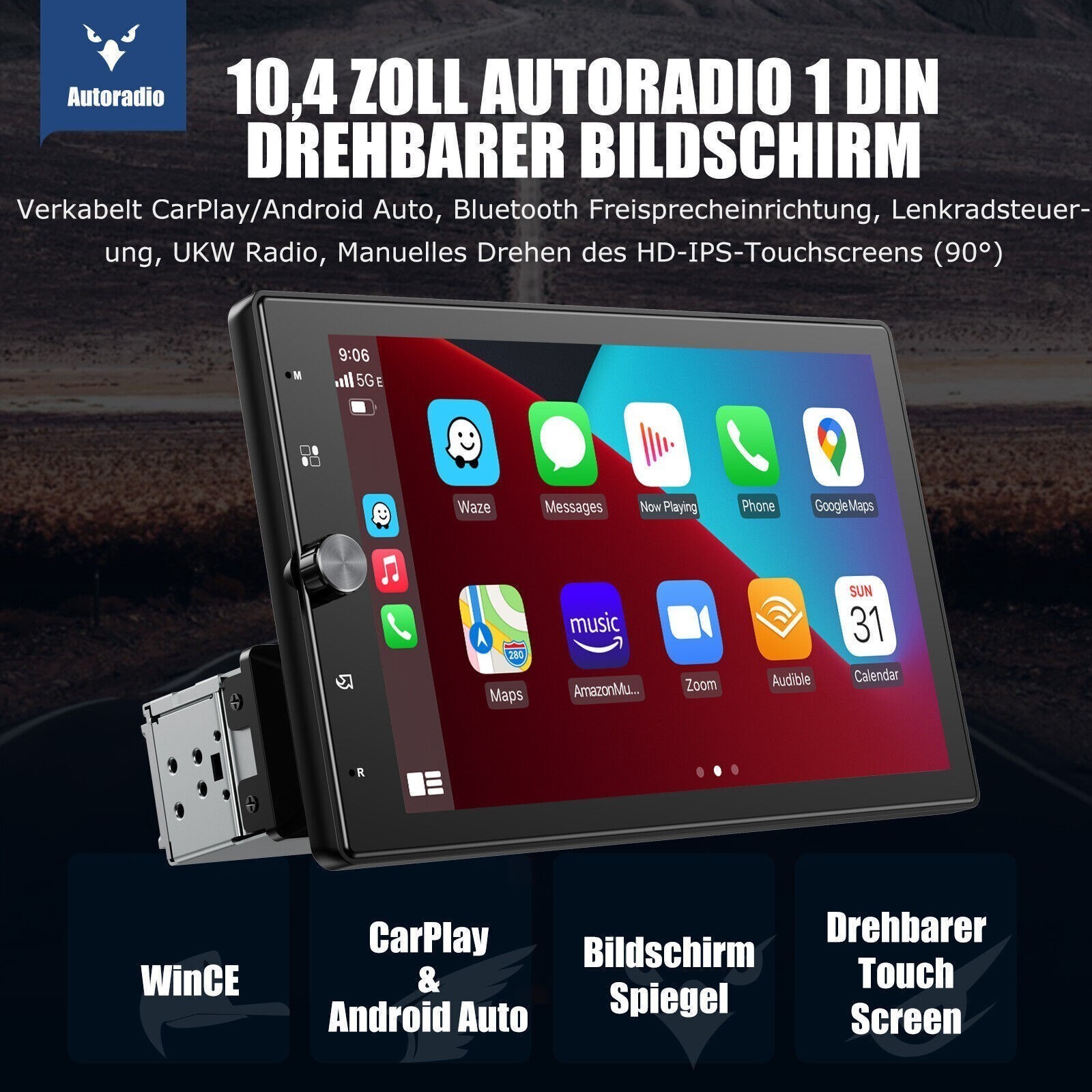 Autoradio 1 DIN 10,4" Apple Carplay Android Auto + Fotocamera Bluetooth USB AUX TF EQ foto 2