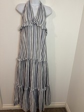 Lulus Women Vacay Babe Dress M/L Blue Stripe Tiered Maxi Halter Beachy Coastal