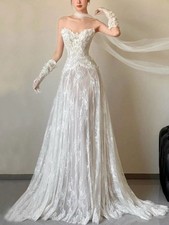 Elegant Lace Strapless Wedding Dress Sheer A-Line Train, Vintage Romantic
