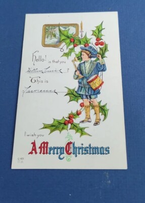 Antique A MERRY Christmas Postcard 1913  CHILD MAKES CANDLESTICK TELEPHONE  CALL