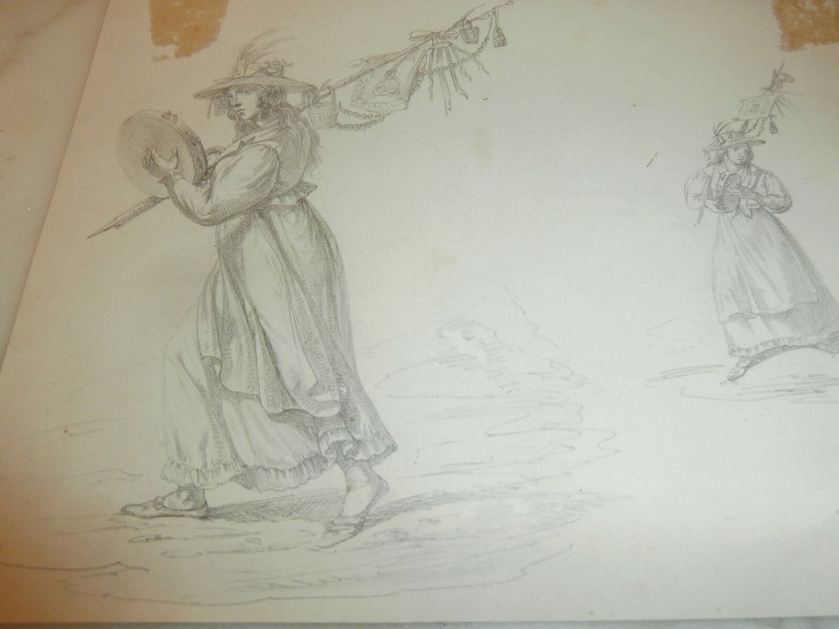 Antico disegno a matita 21,5x17 cm donna popolana dell'800 vestita