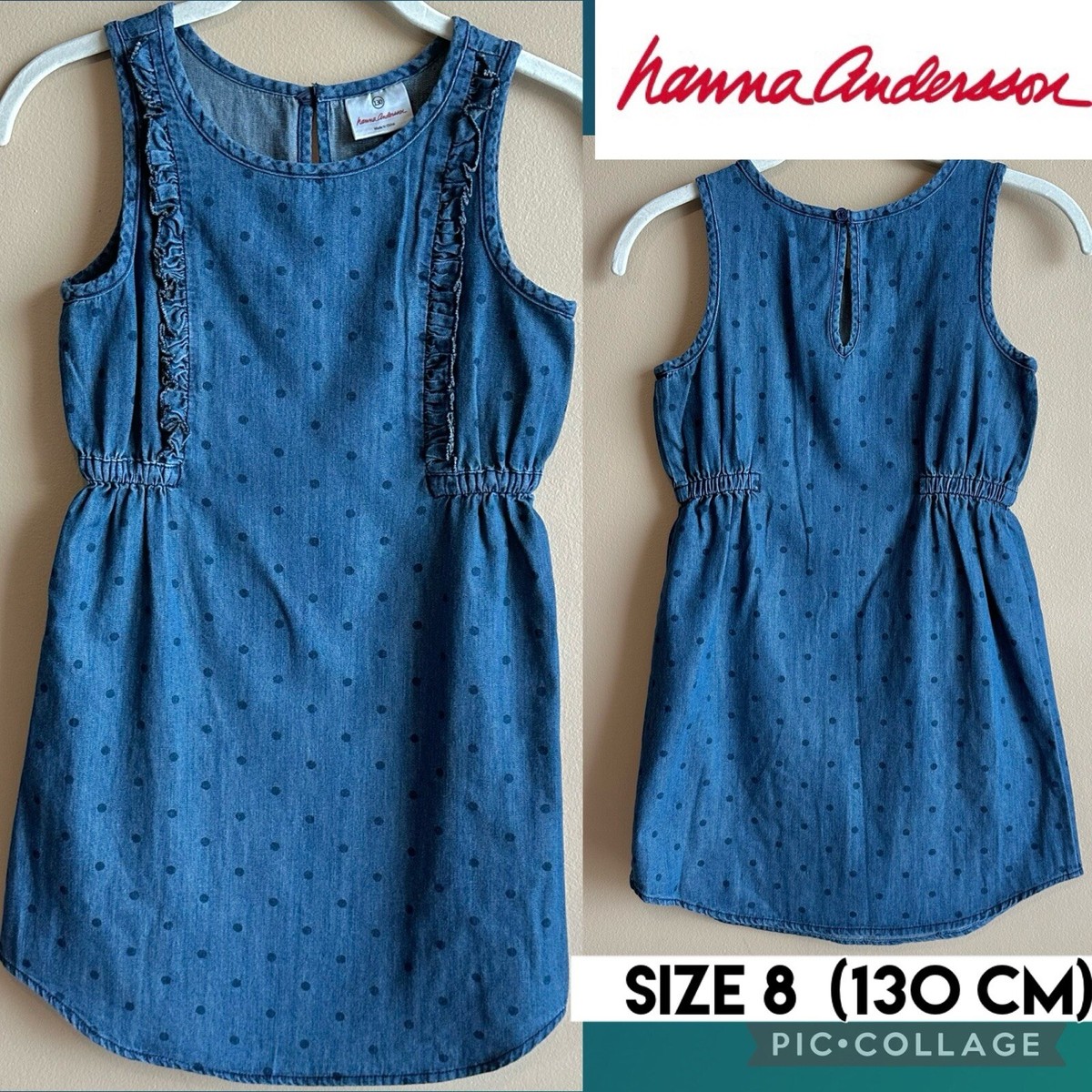 HANNA ANDERSSON Girls Dress Denim Polka Dot Ruffle Sleeveless 130cm Size 8