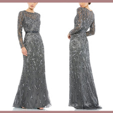 NWT $598 Mac Duggal [ 8 ] 5124 Beaded Long Sleeve Evening Gown in Charcoal #Q798