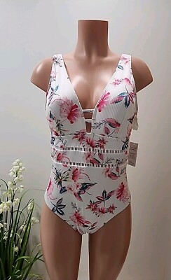Nwt Cupshe White One-Piece Swimsuit Size L Floral Design 