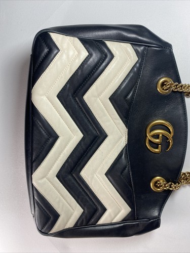 Gucci Marmont GG Matelasse Quilted Chevron Leather Handbag Black White $2850 - Picture 5 of 12