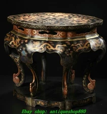 19''Old Chinese Wood lacquerware Gold Dragon Loong Pattern Stool Chair Statue