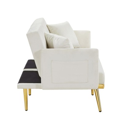 Cream White Velvet Sofa Bed,with Multiple Adjustable Positions,6 Metal Legs