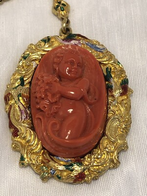 #ad Antique Georgian to Victorian Carved Coral putti Cherub 22k Gold Enamel Pin $5500.00
