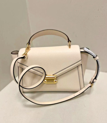 Michael Kors Whitney Leather Satchel Bag MD Flap Shoulder Design (Light  Cream)