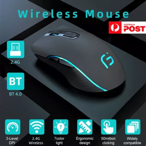 Dual Mode Wireless Bluetooth Mouse Rechargeable Silent Ergonomic for PC Laptops - Picture 1 of 15