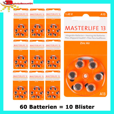 MASTERLIFE HÖRGERÄTE BATTERIEN  Typ 13 PR48 orange A13 Batterie Auswahlsortiment