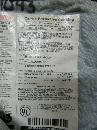 42 x 28 Cairns REAXTION Firefighter Pants Bunker Turnout Fire Gear RESCUE TOWING - Picture 9 of 11