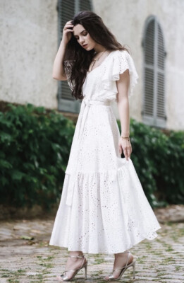 ワンピース bibiy SARA RUFFLED MIDI DRESS white Jo White Oneshoulder Embroidered Frill Midi Dress | Official
