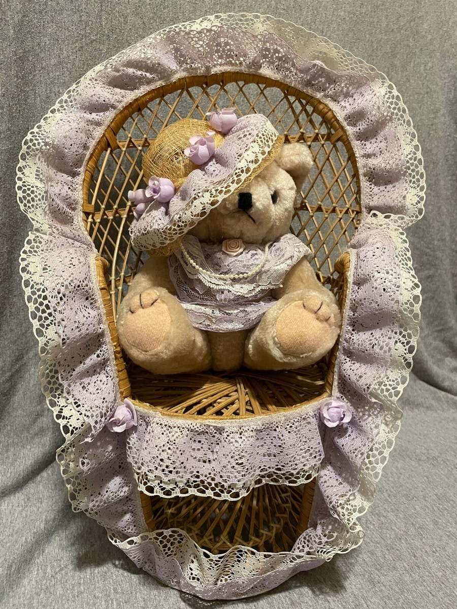 Vintage Purple Lace Victorian Teddy Bear and Wicker Chair Set 16in