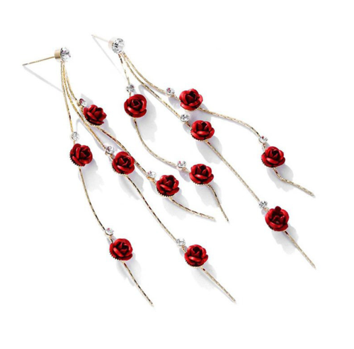 Red Rose Petal Tassle Earrings, Elegant Jewlery, Gift for Wife, Girlfriend - Picture 2 of 2