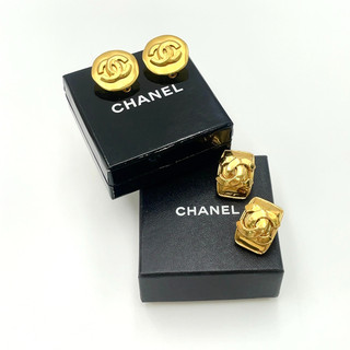 Auth Chanel Square Coco Mark 95P/Round Earrings Engraved 96P W/Box BA020360