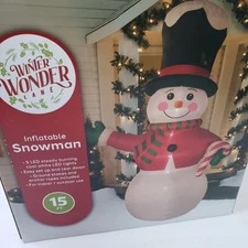 Winter Wonder Lane 15' Snowman with Top Hat & Candy Cane Airblown LED Lights New