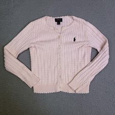 Polo Ralph Lauren Cardigan Sweater Girls M 8-10 Light Pink Cable Knit Scallop