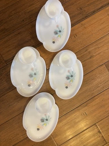 Vintage Federal Glass "Atomic Flower" milk glass patio snack set.