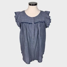 Doe & Rae Large Blue White Stripe Ruffle Cap Sleeve Frayed Edge Top 