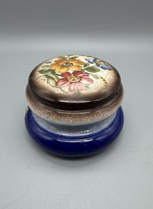 Hand Painted In Italy Ceramic Powder Trinket Jar Blue W/ Yellow And Red Flower