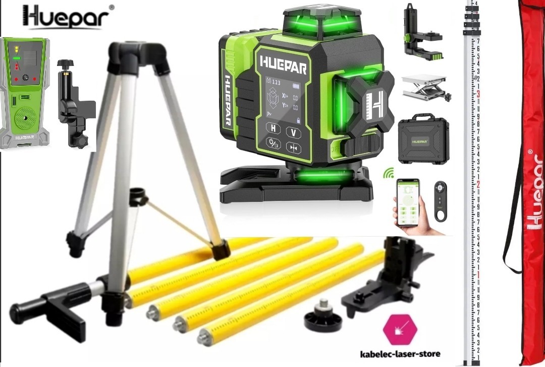 Laser 4D vert Huepar W04CG autonivelant à projection 360 degrés avec mire GR5
