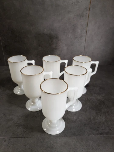 Vintage Federal Milk Glass Pedestal Irish Coffee Mugs with Gold Rim D Handle