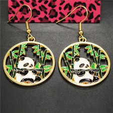 New Fashion Lady Green Enamel Cute Panda Bamboo Girls Women Stand Hook Earring