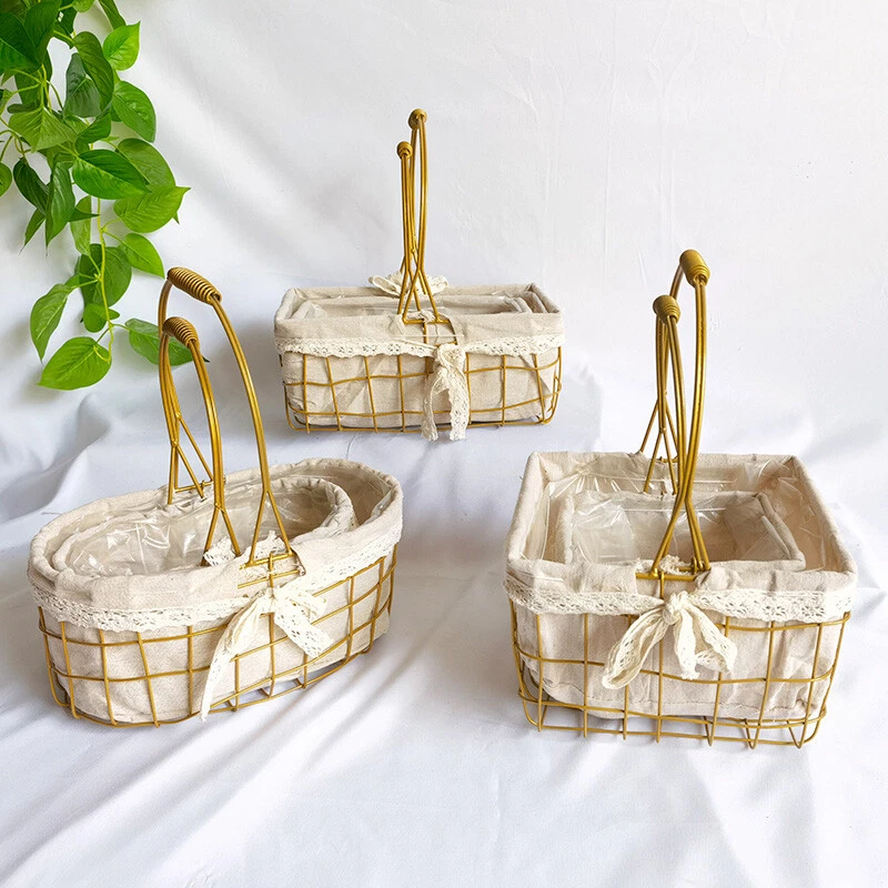 1X Portable Basket Metal Wire Woven Fabric Lining Storage Flower Pot Decor Retro - Image 4 of 4